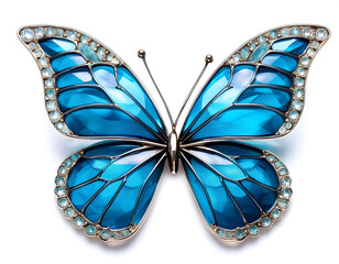 青い蝶のブローチ。白背景。（blue butterfly brooch on white background.）
