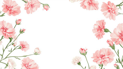 Delicate carnation flowers forming an elegant border with soft pink petals and buds against a white background, perfect for springtime or romantic themes.