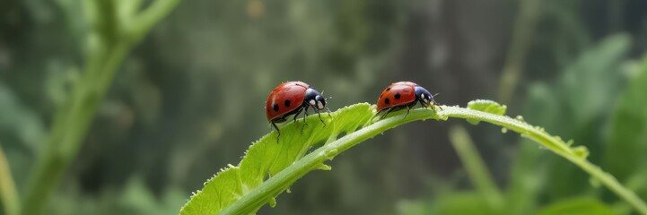 Fototapeta premium A tiny ladybug crawling up a stem in a garden, garden scene, plant life, flower stem