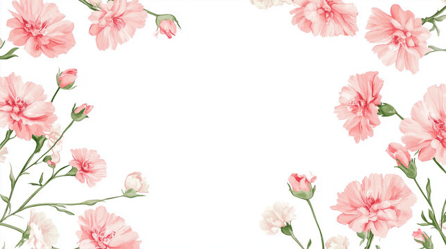 Delicate carnation flowers forming an elegant border with soft pink petals and buds against a white background, perfect for springtime or romantic themes.