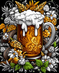 cartoon illustration of a stein of beer with a foamy head, surrounded by hops.