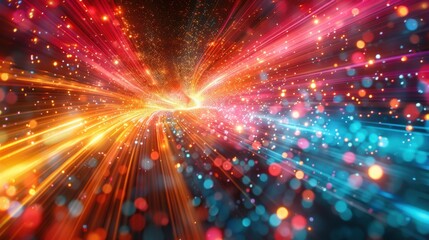 Naklejka premium Dynamic neon light burst with colorful particles and abstract energy waves