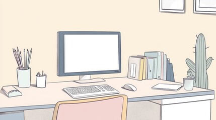 Fototapeta premium Pastel Workspace Illustration; Computer, Desk, Plants, Office Scene; Digital Art, Ideal for Backgrounds