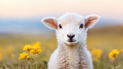 Fototapeta premium Cute lamb in a field of yellow flowers at dawn for a heartwarming scene
