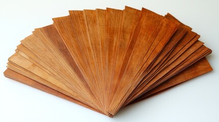 Wood veneer samples fanning out on white surface