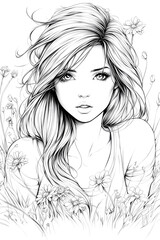 Fototapeta premium Antistress image of a beautiful girl with flowers. for adult and children's coloring books