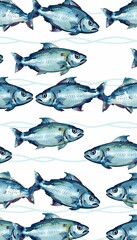 Obraz premium undersea line pattern drawn border shoal background drawing wavy fishes banner backdrop colors ornament blue illustration olated seamless hand sea watercolor illustration pattern sea seamless fish