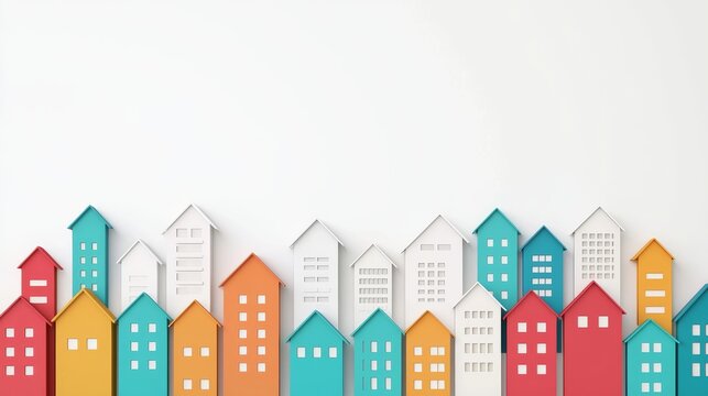 Colorful model houses on white background; ideal for real estate, architecture, and urban development projects.