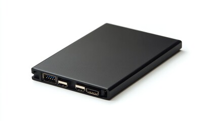 Fototapeta premium Black external hard drive, data storage, white background, technology