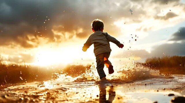 A young child joyfully runs through a muddy puddle, creating a dramatic splash against the backdrop of a glowing sunset. The warm golden light and dynamic movement capture the essence of childhood 