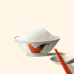 Chinese Rooster Bowl with Rice, Spoon, Chopsticks and Window Shadows Realistic Illustration