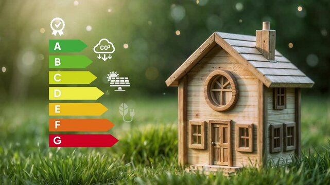 Energy efficiency concept, energy efficiency rating for energy efficient house building rate label audit, Renewable energy concept.4k video