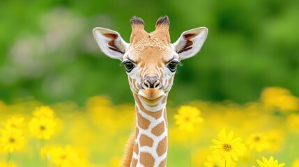 Obraz premium Baby giraffe in yellow flower field