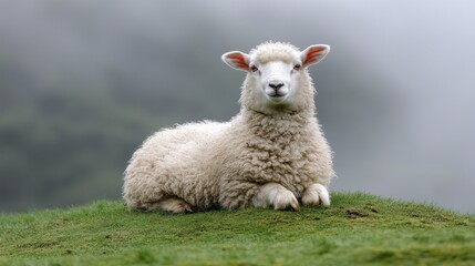 Fototapeta premium Serene Sheep in Misty Meadow