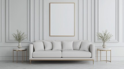Fototapeta premium A minimalistic living room featuring a light-colored sofa, elegant side tables, and an empty frame against a soft pastel wall.