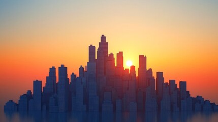 Fototapeta premium Stunning cityscape silhouette at sunset, a breathtaking view of a modern city skyline with the sun setting behind it.