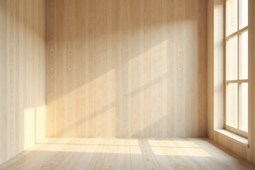 Empty Room with Sunlight Streaming Through a Window and Light Wooden Walls and Floor