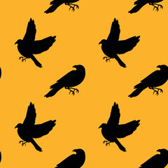 Vector black silhouette of Ravens seamless pattern with orange background