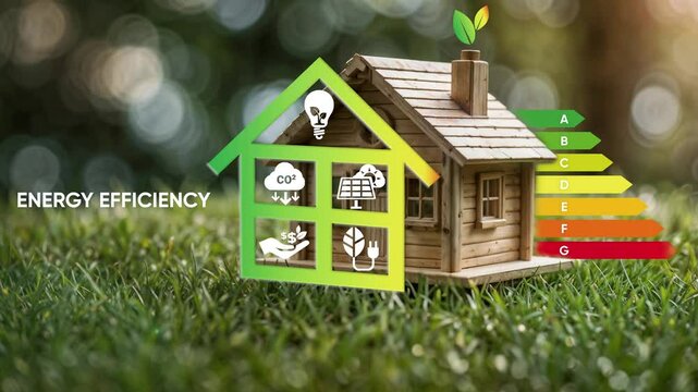 Energy efficiency concept, energy efficiency rating for energy efficient house building rate label audit, Renewable energy concept. 4k.