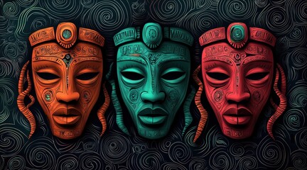 Colorful tribal masks with intricate patterns and swirling background