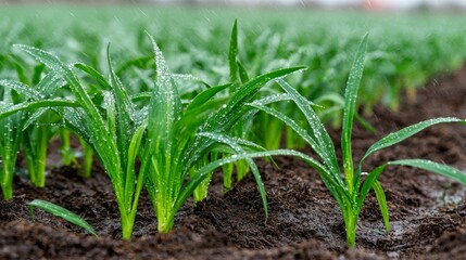 Rain nourishes vibrant green seedlings in a fertile field, showcasing the beauty of natures growth cycle.