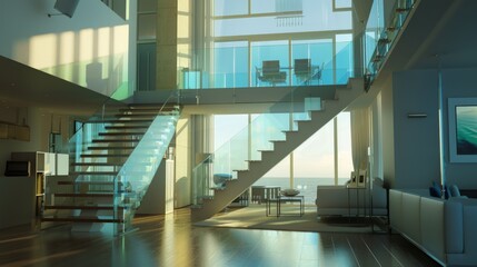Obraz premium Modern Luxury Penthouse with Ocean View: Sunrise in a Glass Staircase