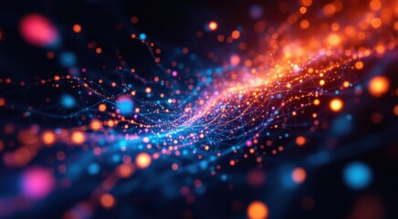 Abstract digital network with glowing orange and blue lights on a dark background