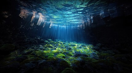 Naklejka premium Sunlight Illuminates Underwater Cave