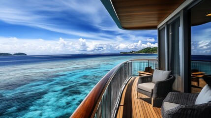 Luxury cruise ship balcony ocean view, tropical islands