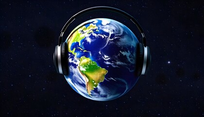 world hearing day the earth wearing headphones, set against a vast, starry space background, symbolizing global connection through music and sound