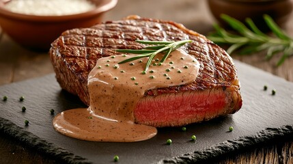 Juicy grilled steak with delicious mushroom sauce, rosemary garnish, and peppercorns on a dark stone plate.