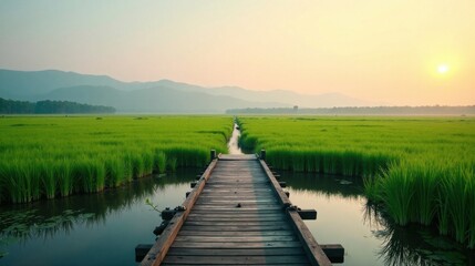 Obraz premium Serene Sunrise Over Lush Green Paddy Fields, Wooden Footbridge Leading to Distant Mountains