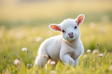 Fototapeta premium Cute young lamb standing in a green meadow full of blooming colorful flowers during springtime, showcasing natural beauty, innocence, and tranquility in the countryside under the bright sunshine.