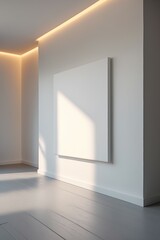 Mockup of a Blank White Canvas on the Wall Perfect for Showcasing Your Designs, blank canvas mounted on a wall, illuminated by natural light, perfect for artists or home decor.
