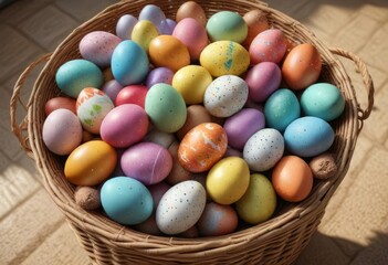 Fototapeta premium A vibrant arrangement of Easter eggs in a large wicker basket, woven basket goods, table decoration