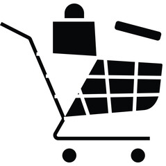 Icon of a shopping cart filled with items, representing e-commerce, online shopping, or retail purchases with transparent background.