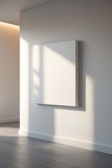 Mockup of a Blank White Canvas on the Wall Perfect for Showcasing Your Designs, blank canvas mounted on a wall, illuminated by natural light, perfect for artists or home decor.