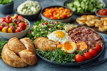 A plate of food with a variety of items including bread, eggs, tomatoes