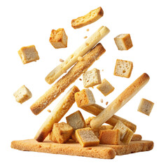 Falling Bread Croutons, Salted Bread Sticks Isolated on White Background