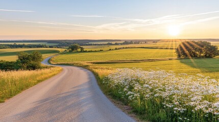Naklejka premium A scenic country road winds through vibrant green fields, illuminated by the golden rays of a setting sun, wildflowers blooming along the roadside.