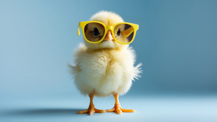 Obraz premium Adorable Chick Wearing Yellow Glasses on Light Blue Background Ready for Easter 