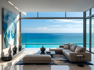 Luxury architecture, ocean front property landscape. Modern living room interior design with sleek contemporary designer furniture, minimalist decor large windows, panoramic coastal view background