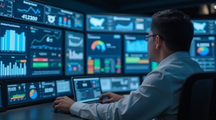 Naklejka premium Data Analyst Analyzing Digital Financial Dashboard with Multiple Screens