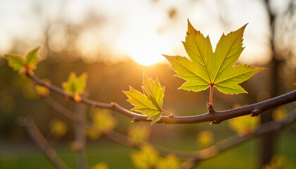 Obraz premium New maple leaves sprouting at sunrise, symbol of renewal