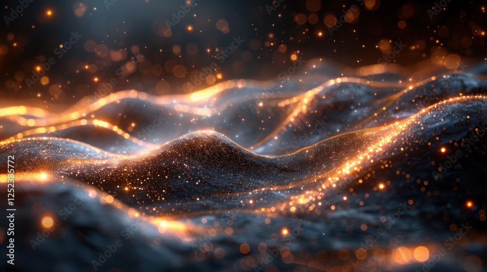 Poster abstract glowing waves with illuminated particles in dark ambient background