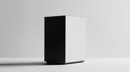White cube device on white background, minimalist studio shot, product display