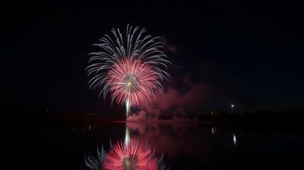 Vibrant Fireworks Display Reflected in Calm Water at Night Sky
