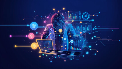 Futuristic data analyst working with AI driven analytics dashboard