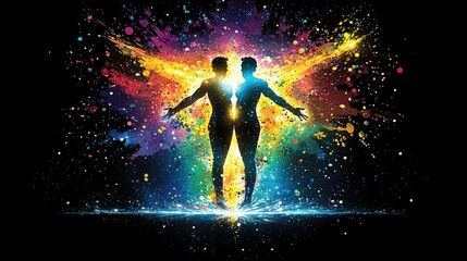 Fototapeta premium Two Silhouettes Embrace Vibrant Colorful Explosions