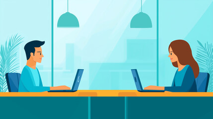 Illustration of two people sitting across a table using laptops in a modern office. symbolizing negotiating, remote work, and effective communication, discussion, collaboration, technology concept.